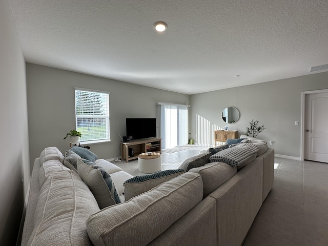 living room featuring a textured ceiling