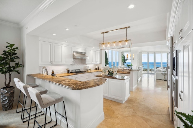 kitchen with a water view, under cabinet range hood, a peninsula, and white cabinetry