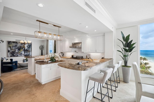 kitchen with visible vents, under cabinet range hood, white cabinetry, and a peninsula