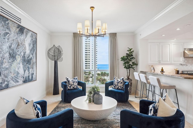 living area featuring crown molding, recessed lighting, light colored carpet, a chandelier, and baseboards