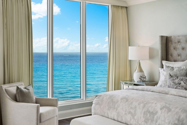 bedroom featuring a water view, multiple windows, and wood finished floors