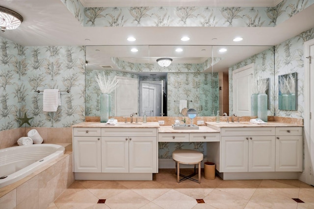 full bath with wallpapered walls, tile patterned floors, vanity, a bath, and recessed lighting