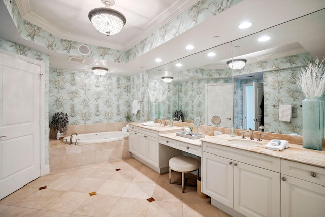 full bath with a garden tub, wallpapered walls, ornamental molding, vanity, and tile patterned floors