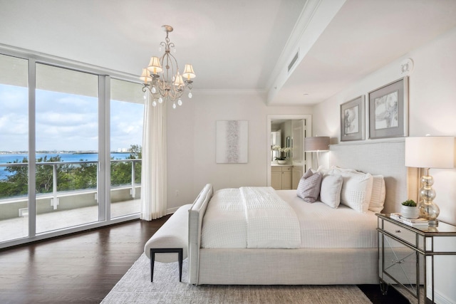 bedroom with dark wood-style flooring, crown molding, visible vents, a water view, and access to outside