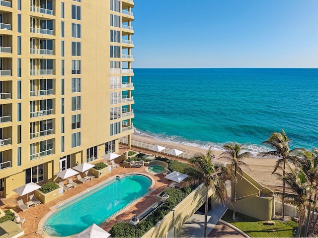 view of water feature with a beach view