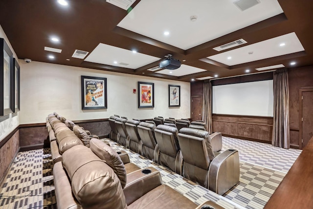 home theater room with recessed lighting, a wainscoted wall, and visible vents