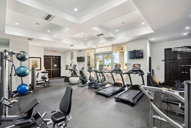 gym featuring coffered ceiling, recessed lighting, french doors, and visible vents