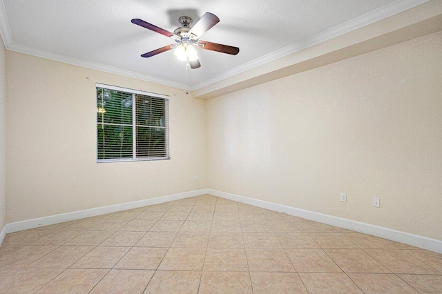 tiled spare room with crown molding and ceiling fan