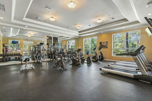 gym with ornamental molding and a raised ceiling