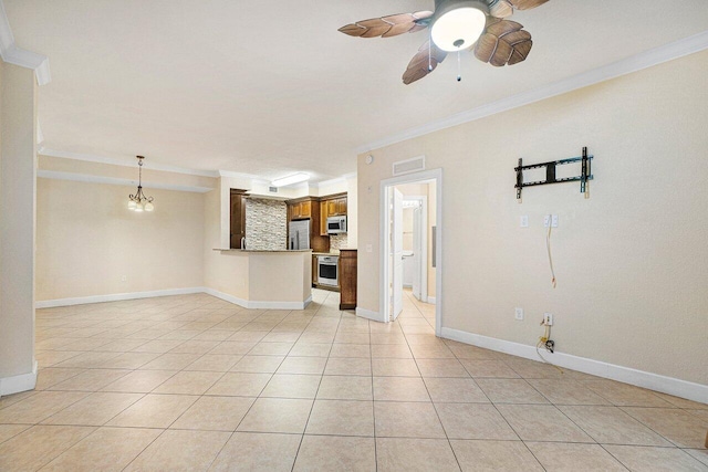 unfurnished living room featuring crown molding, ceiling fan, and light tile patterned floors