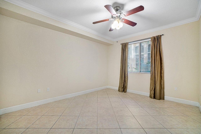 unfurnished room featuring crown molding, ceiling fan, and light tile patterned floors