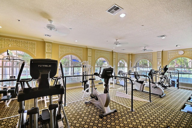 exercise room with crown molding and a textured ceiling