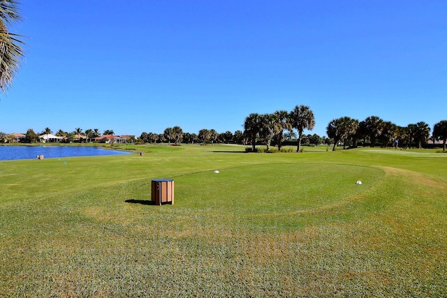 view of community featuring a water view and a yard