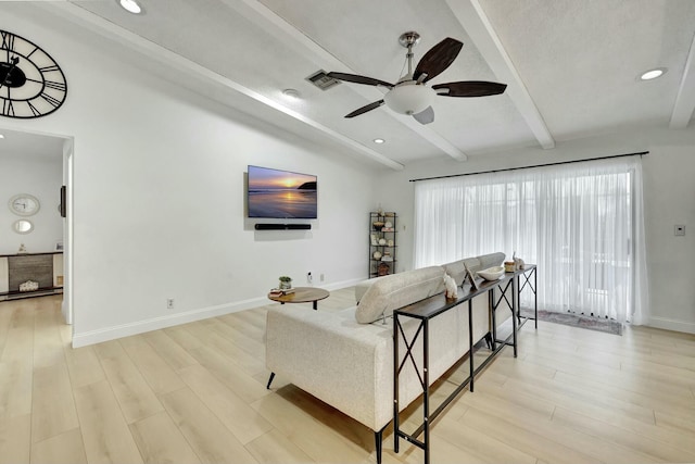 living room featuring lofted ceiling with beams, ceiling fan, and light wood-type flooring