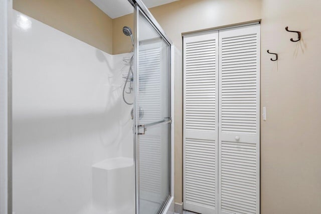 bathroom with a shower with shower door