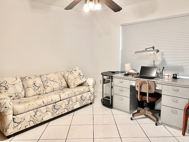 tiled home office with ceiling fan