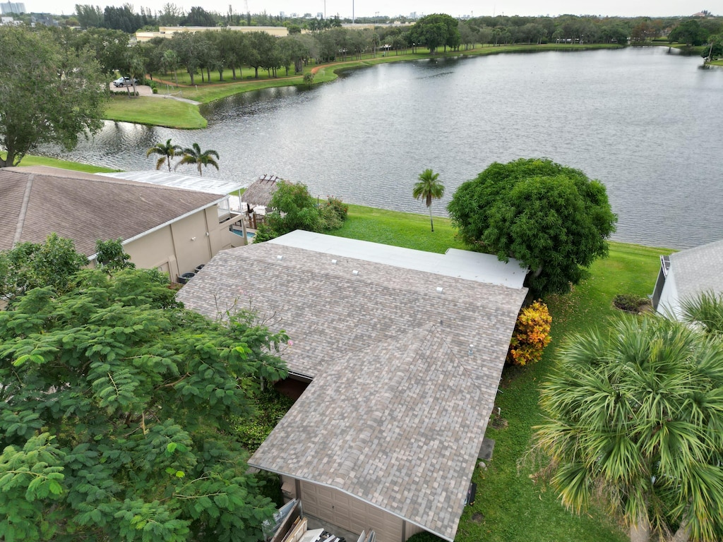 aerial view featuring a water view