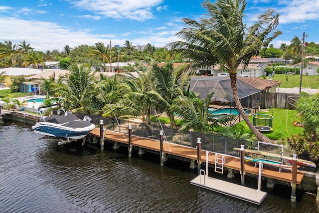 view of dock featuring a water view and a lanai