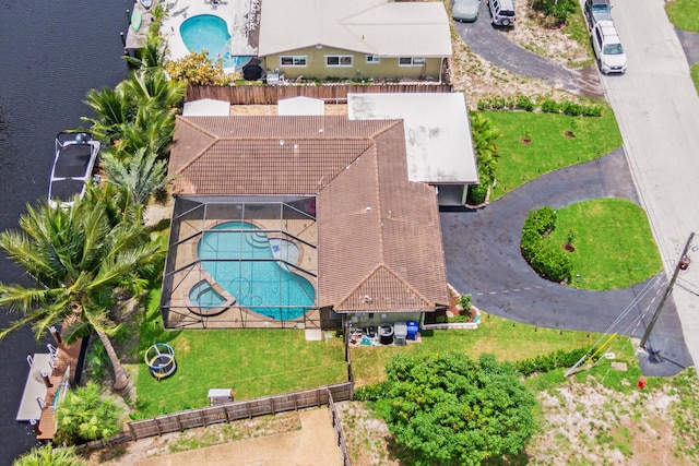 drone / aerial view featuring a water view