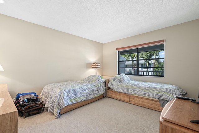 carpeted bedroom with a textured ceiling