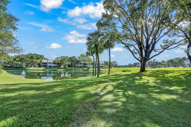 surrounding community with a yard and a water view