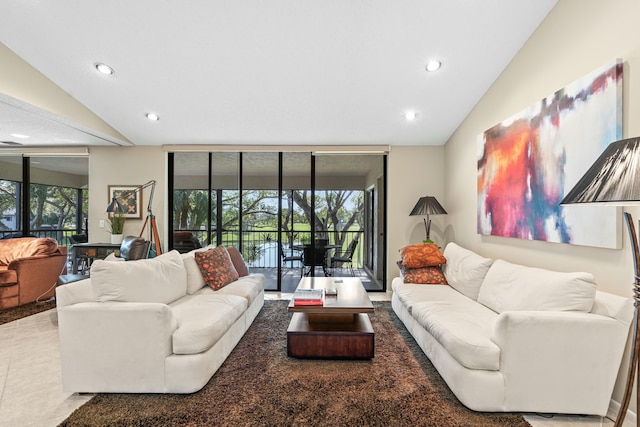 living room with a wall of windows and lofted ceiling