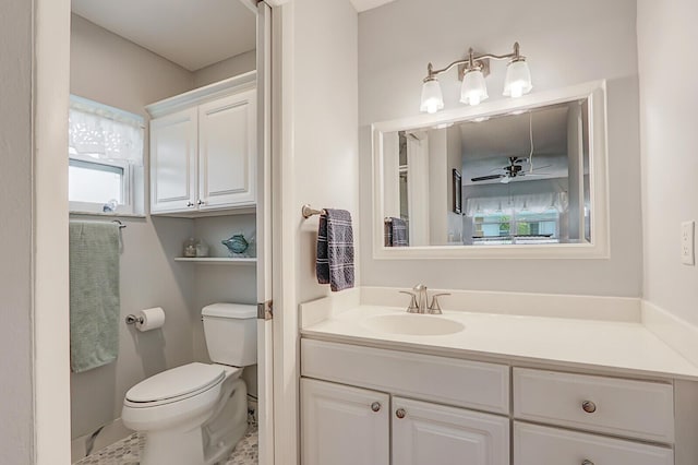 bathroom with vanity, ceiling fan, and toilet