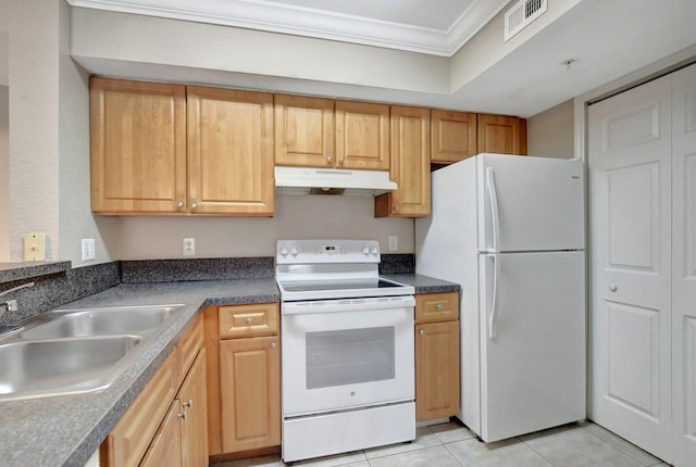 kitchen featuring white appliances, ornamental molding, sink, and light tile patterned floors