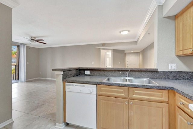 kitchen with sink, light tile patterned floors, ornamental molding, dishwasher, and kitchen peninsula