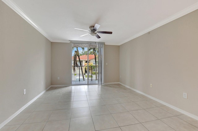 unfurnished room with crown molding, light tile patterned flooring, and ceiling fan