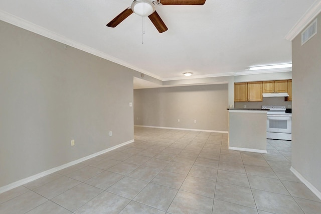 unfurnished living room featuring crown molding, ceiling fan, and light tile patterned floors