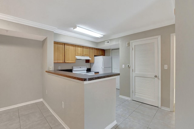 kitchen with crown molding, light tile patterned floors, white appliances, and kitchen peninsula