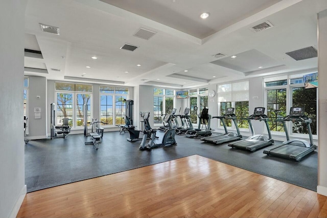 exercise room with hardwood / wood-style floors