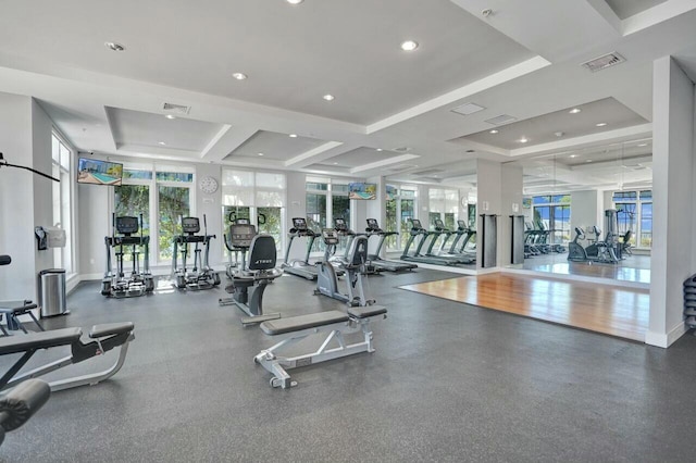 gym with a raised ceiling