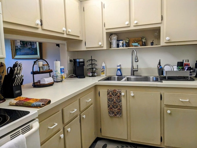 kitchen featuring light countertops, open shelves, and a sink