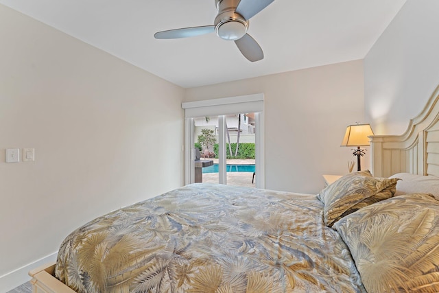 bedroom with ceiling fan and access to exterior