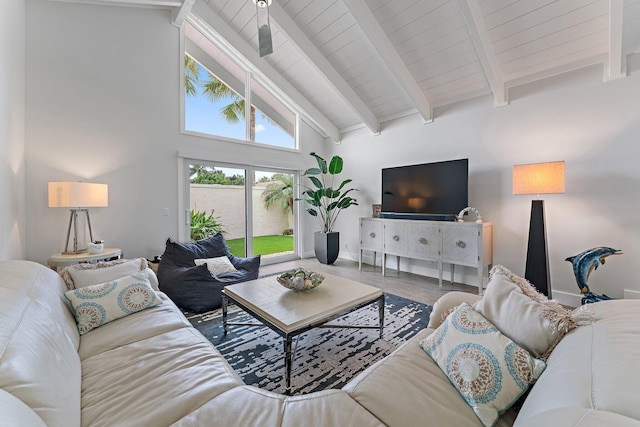 living room with hardwood / wood-style flooring, high vaulted ceiling, and beam ceiling