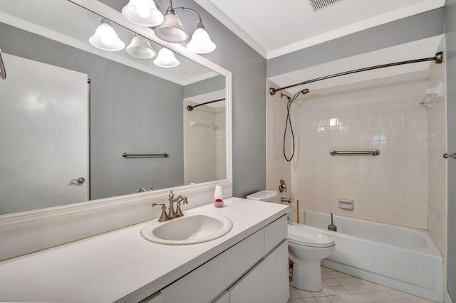 full bathroom with tiled shower / bath combo, vanity, tile patterned flooring, and toilet