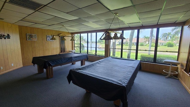 playroom featuring a paneled ceiling, billiards, carpet, and wood walls