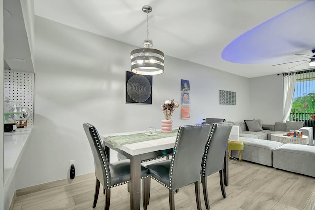 dining area with ceiling fan and light wood-type flooring