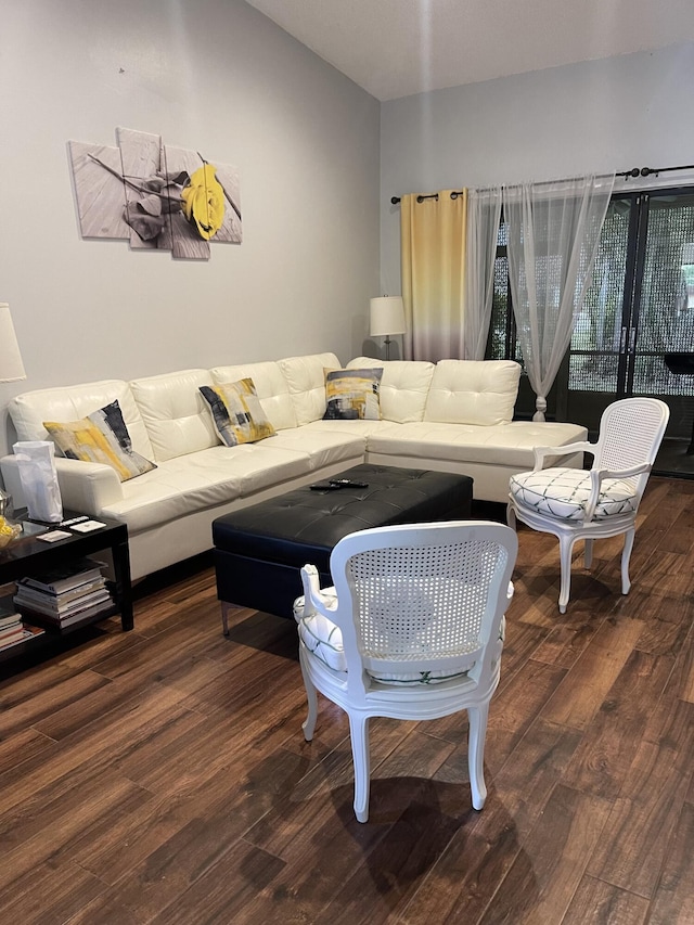 living room with dark hardwood / wood-style flooring