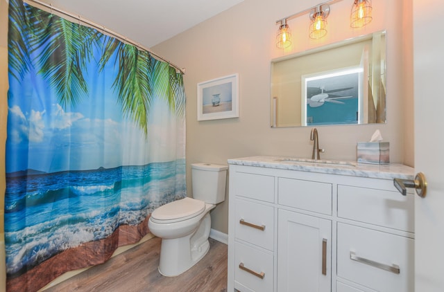 bathroom featuring hardwood / wood-style flooring, vanity, toilet, and walk in shower