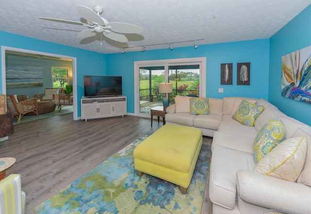 living room featuring ceiling fan, track lighting, wood-type flooring, and a textured ceiling