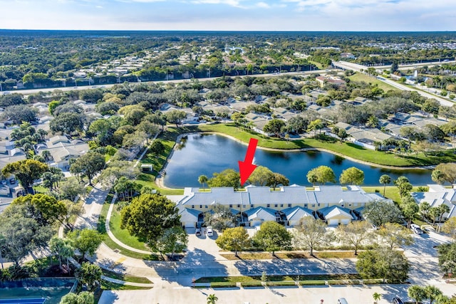 drone / aerial view featuring a water view