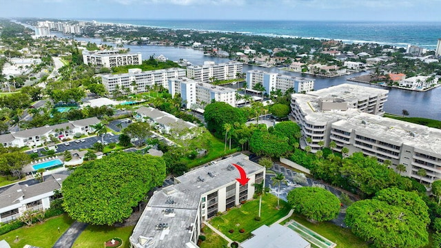 bird's eye view with a view of city and a water view