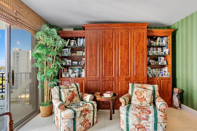 living area featuring light tile patterned floors