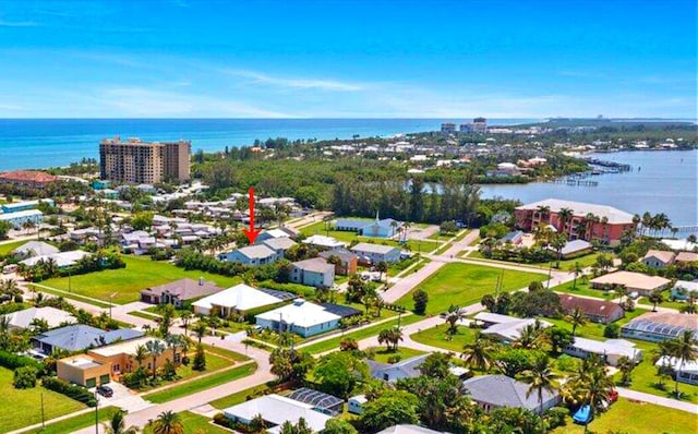 bird's eye view with a water view