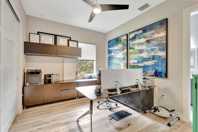 office area with light hardwood / wood-style floors and ceiling fan