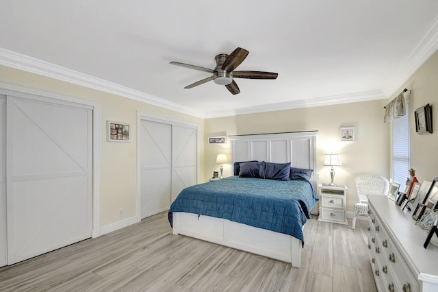 bedroom featuring crown molding, ceiling fan, and light hardwood / wood-style flooring