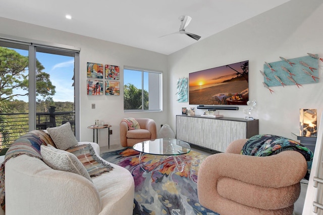 living room featuring ceiling fan